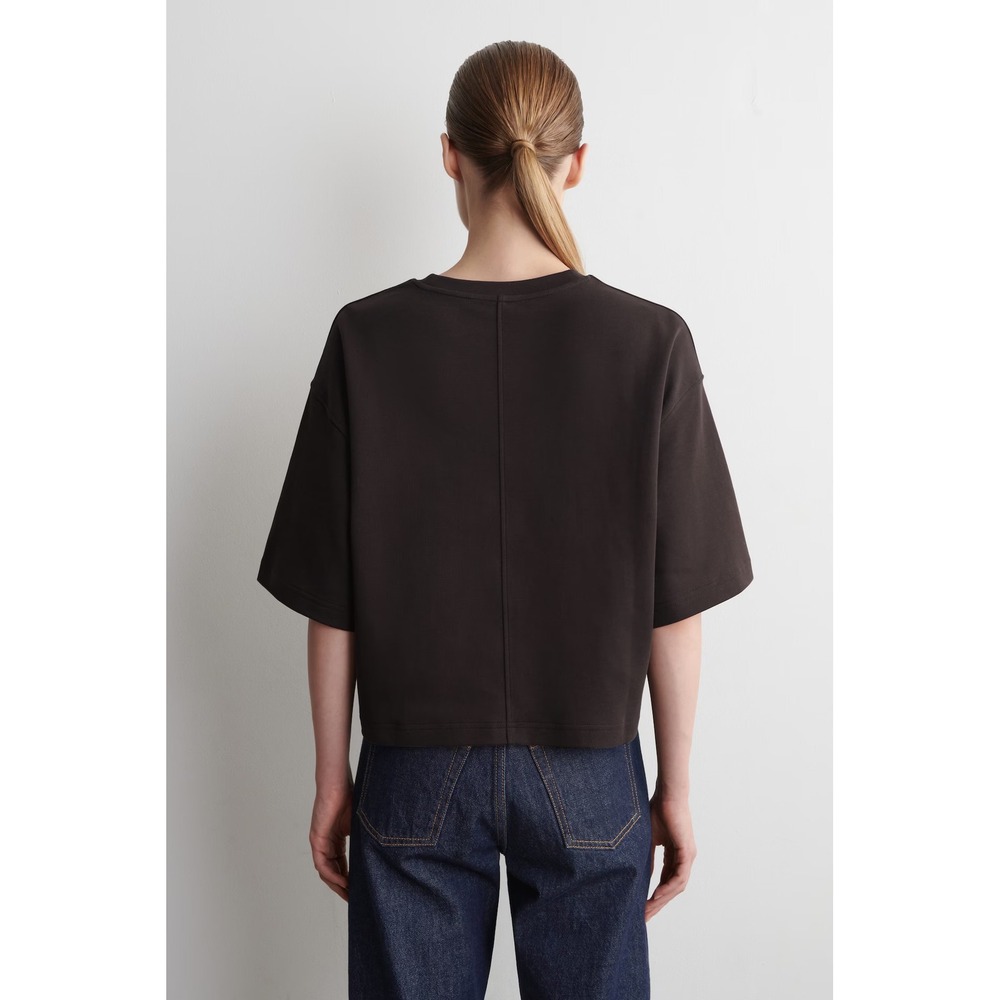 NWT COS Women Oversized Boxy Cropped Cotton T-Shirt Dark Brown Crew Neck Medium - Picture 3 of 6